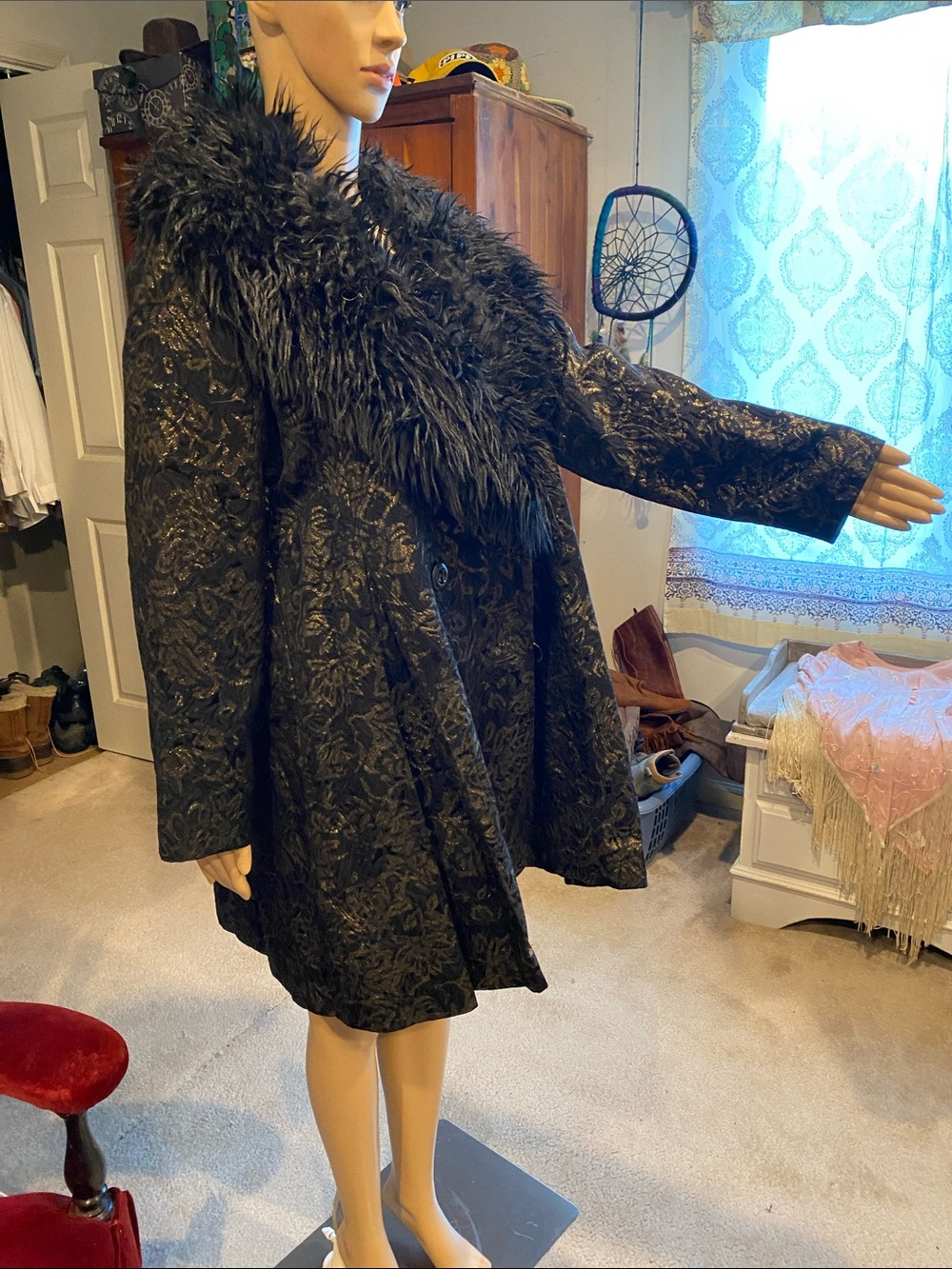 Free People Black Brocade Pea Coat with Faux Fur Collar and Metallic Shimmer - Picture 4 of 5